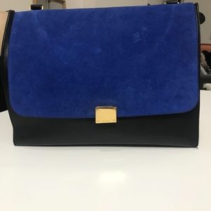 Celine Trapeze Tricolor Handbag Medium Blue Suede